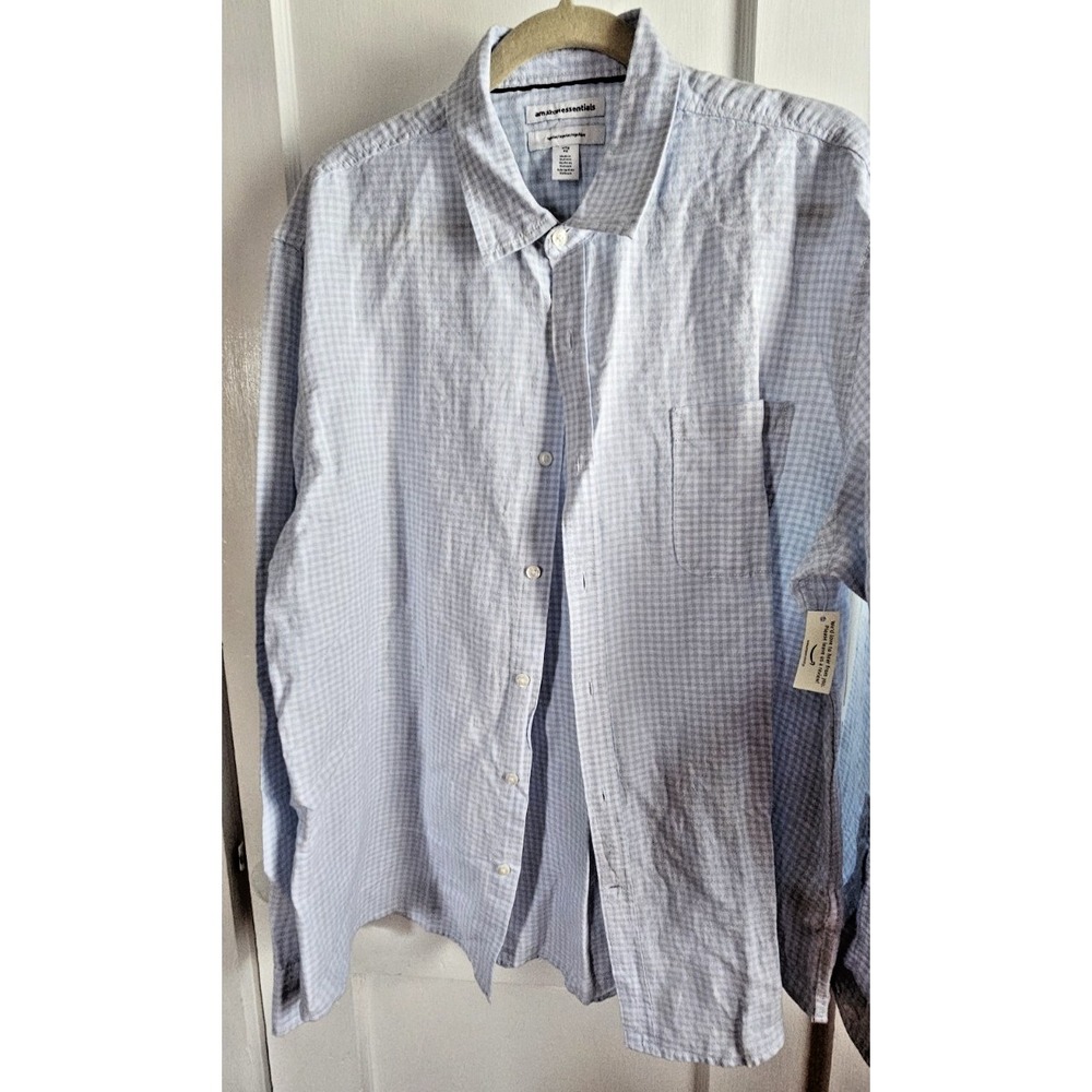 NWT amazon essential regular blue white plaid men Sz XL‎ Linen cotton blend